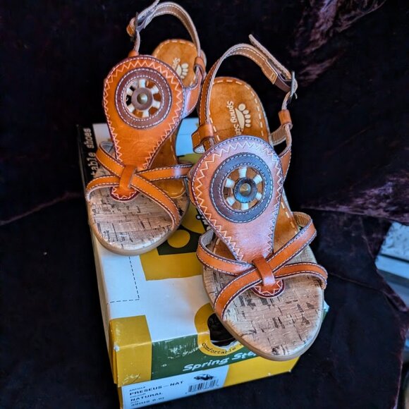 LIKE NEW Western Rodeo High-heel Sandals Medicine Wheel Leather Cork Spring Step - Picture 4 of 16